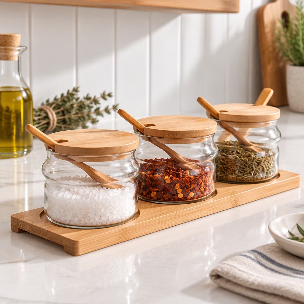 Glass Spice Jars Set Of 3 With Bamboo Lids, Spoons And Tray, 230ml Seasoning Containers