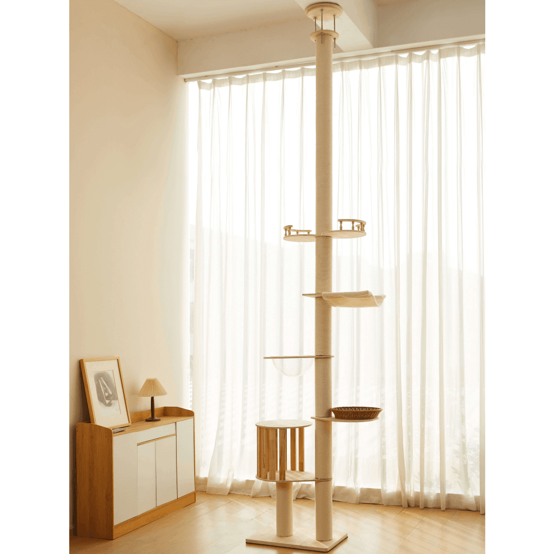 Modern Plain Waterproof Freestanding Cat Tree - 5-Tier, 102-118 In Adjustable Ceiling-to-Floor, Hemp Scratching Post, Chew Resistant Activity Center With Perches, Machine Wash Compatible