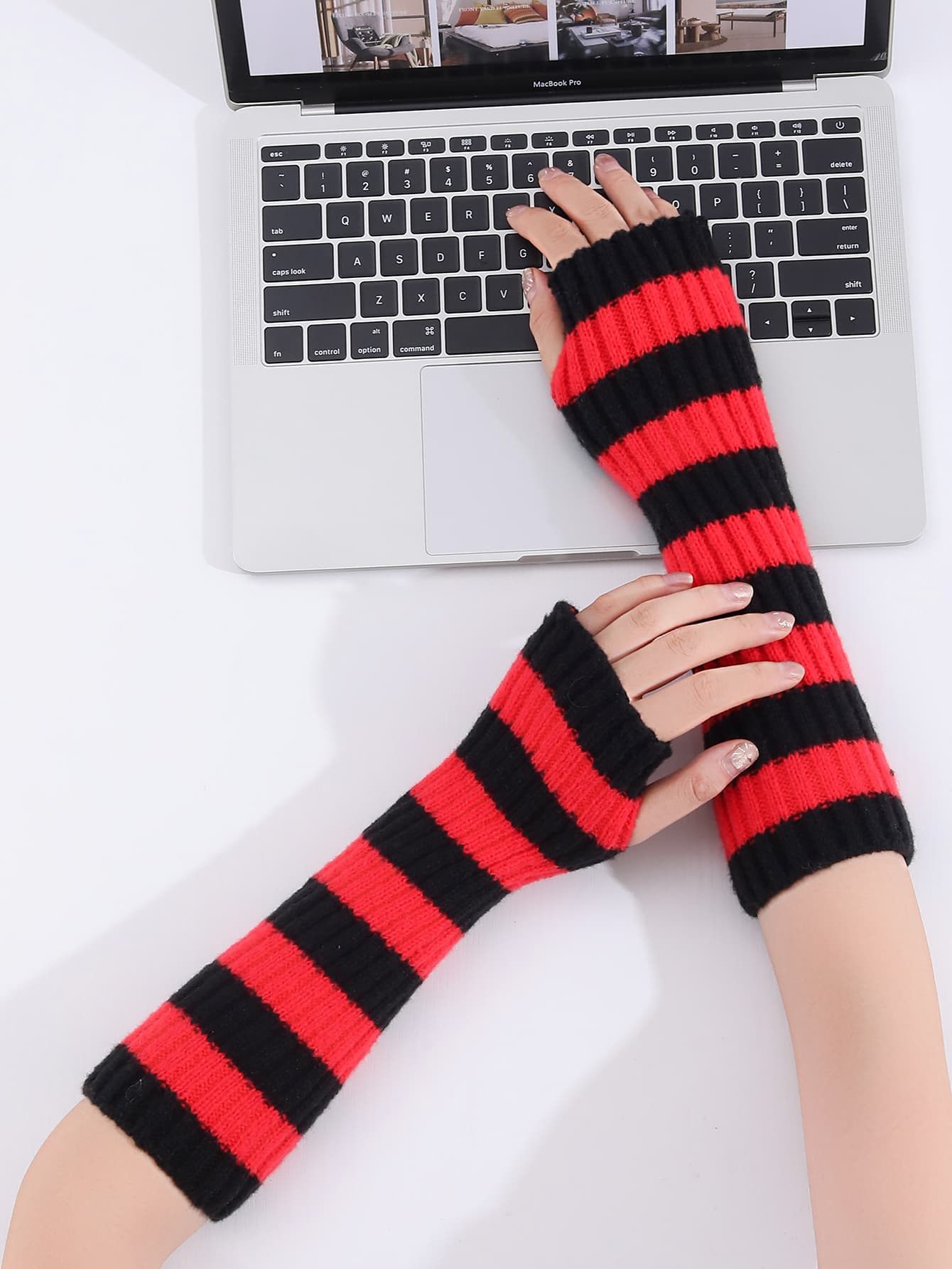 Y2K Lolita Women Girls Solid Color Striped Warm Knit Fingerless Gloves Arm Warmer For Daily Party