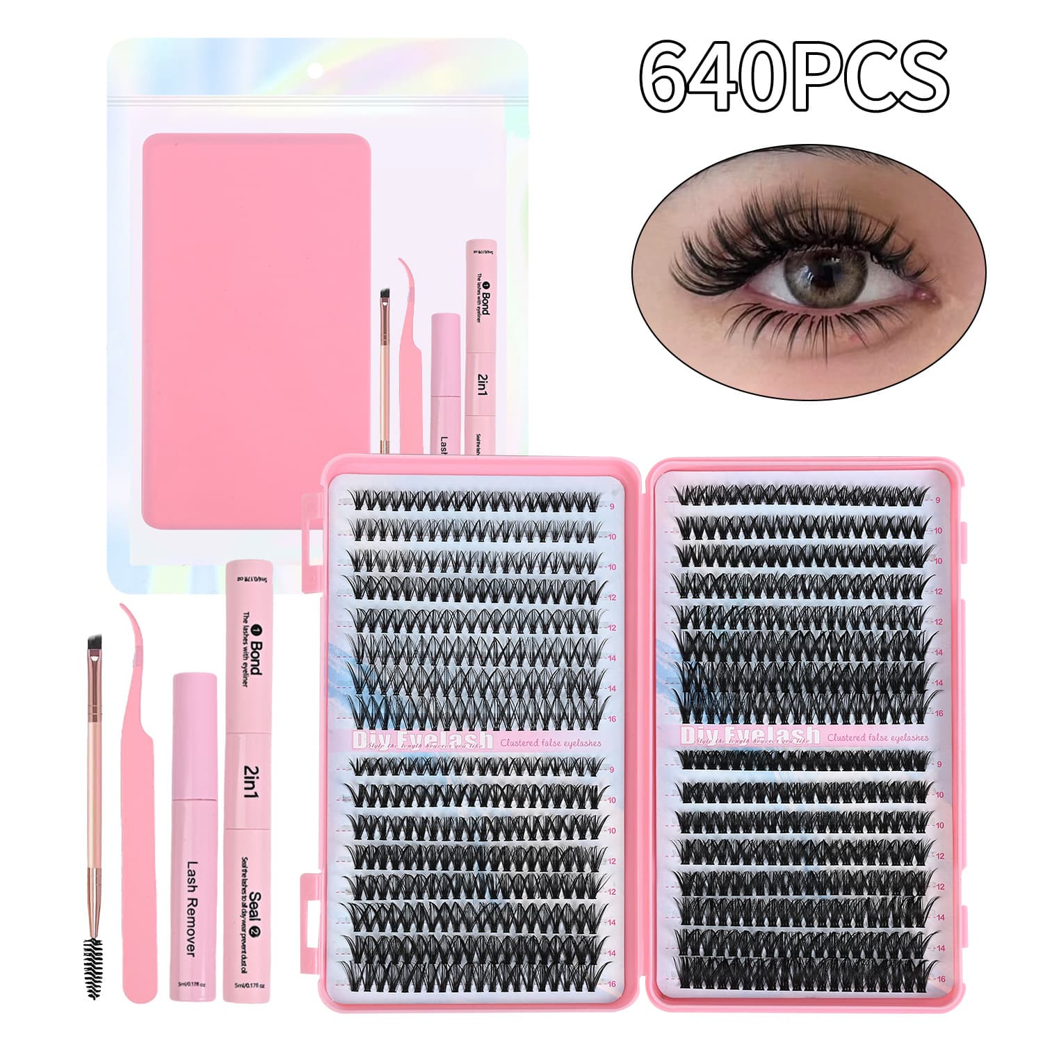 Lash Clusters, 640 Pcs Eyelashes Cluster Extensions 9-16mm Fluffy Individual Lashes 30D-60D D Curl False Eyelashes
