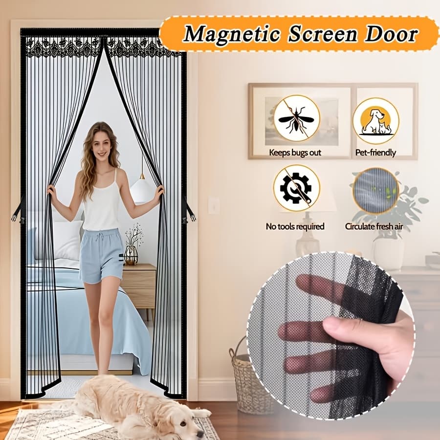 1pc Magnetic Screen Door, Mosquito And Fly Proof Door Curtain, Easy To Install, Top Lace Design & Storage, Pet Friendly, Suitable For Living Room, Bedroom, Balcony, Front Door, Garage, Partition, Priv