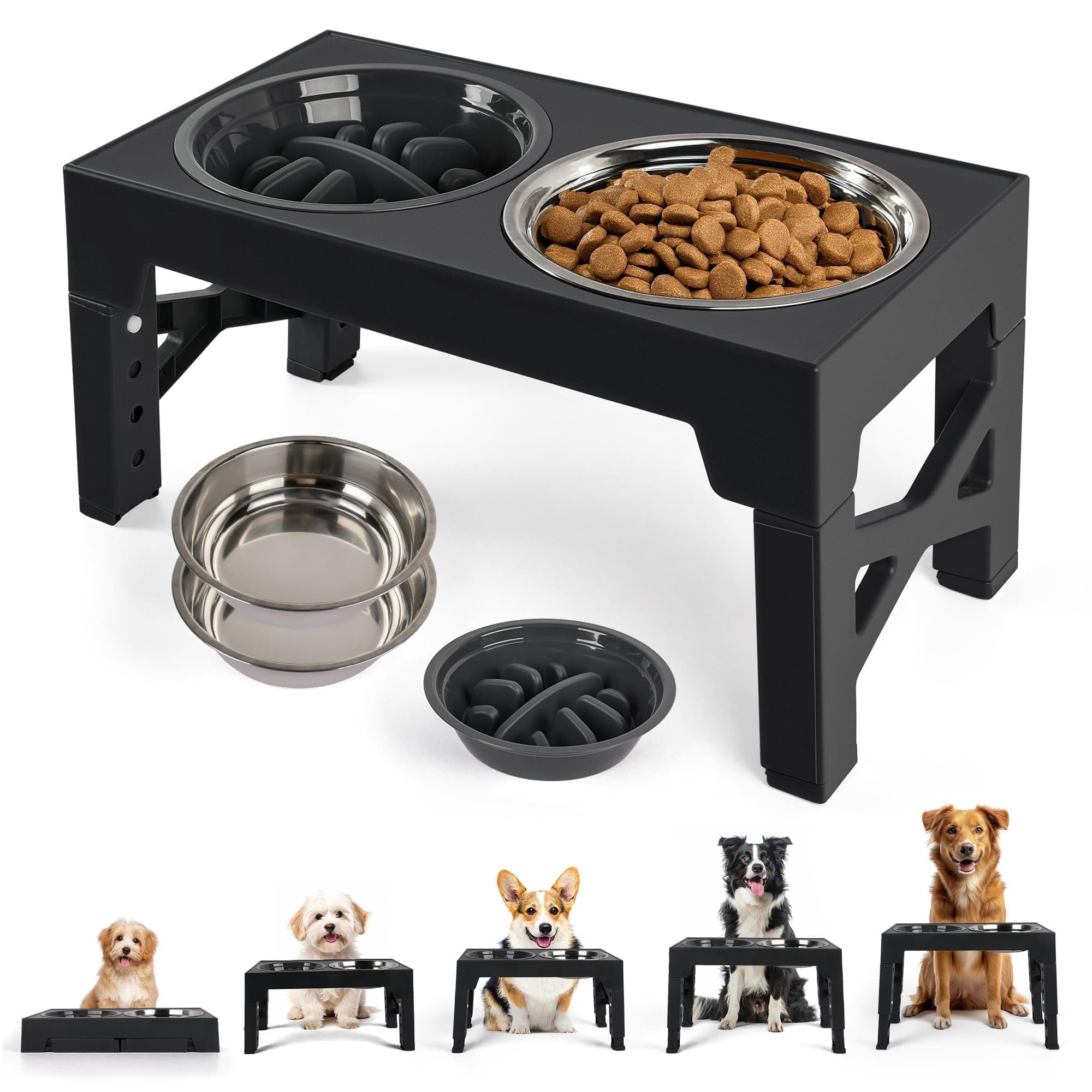 Elevated Dog Bowls, Raised Dog Bowl With Slow Feeder Bowl & Stainless Steel Bowls, 5 Heights Adjustable Dog Feeding Bowl Stand For Small Medium Large Dogs, Food Dishes With Non-Slip Feet