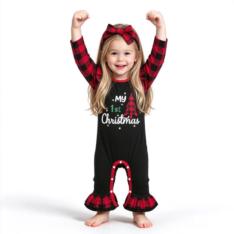 Infant Baby Girl Boy Christmas Jumpsuit Romper  Christmas Long Sleeve Plaid Checked Patchwork Bodysuit With Headband, Fall Winter One Piece Clothes