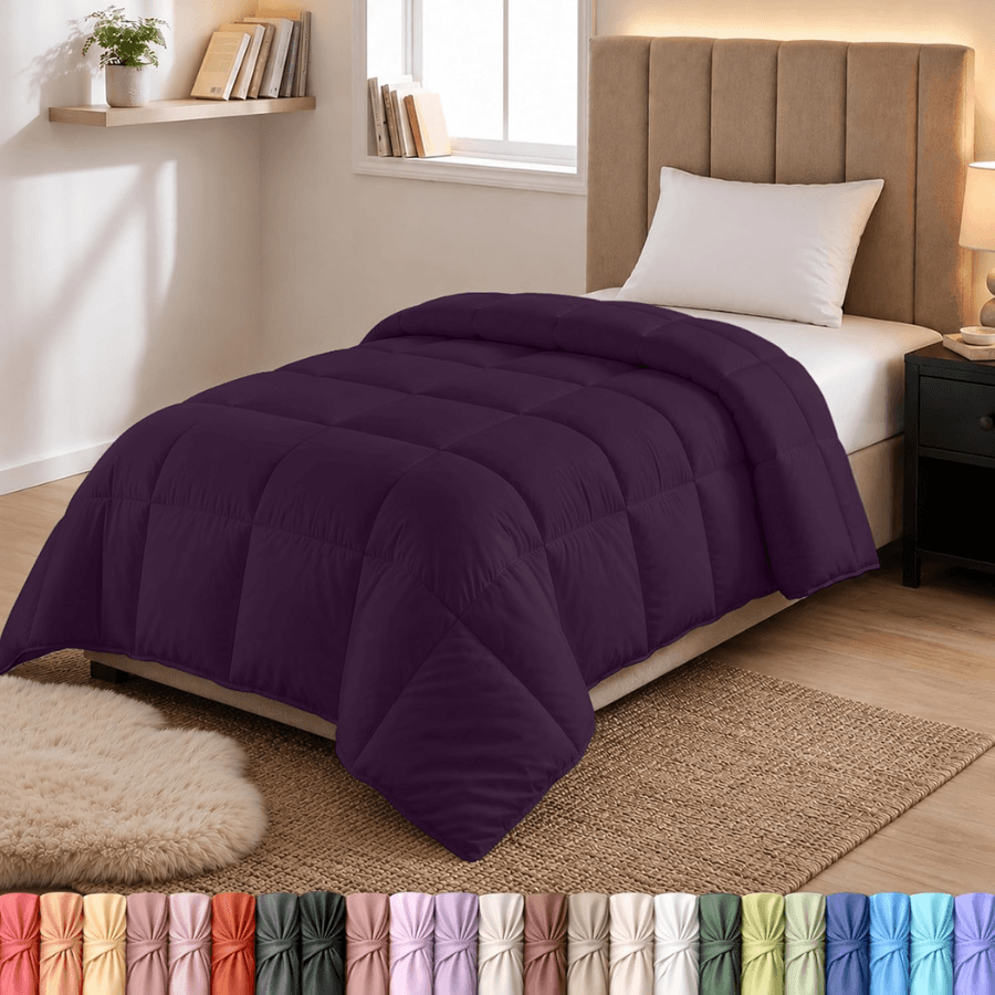 Bedding Comforters Twin Size, All Season Duvet Insert, Down Box Stitched Bed Comforter With Corner Tabs, Machine Washable Plum