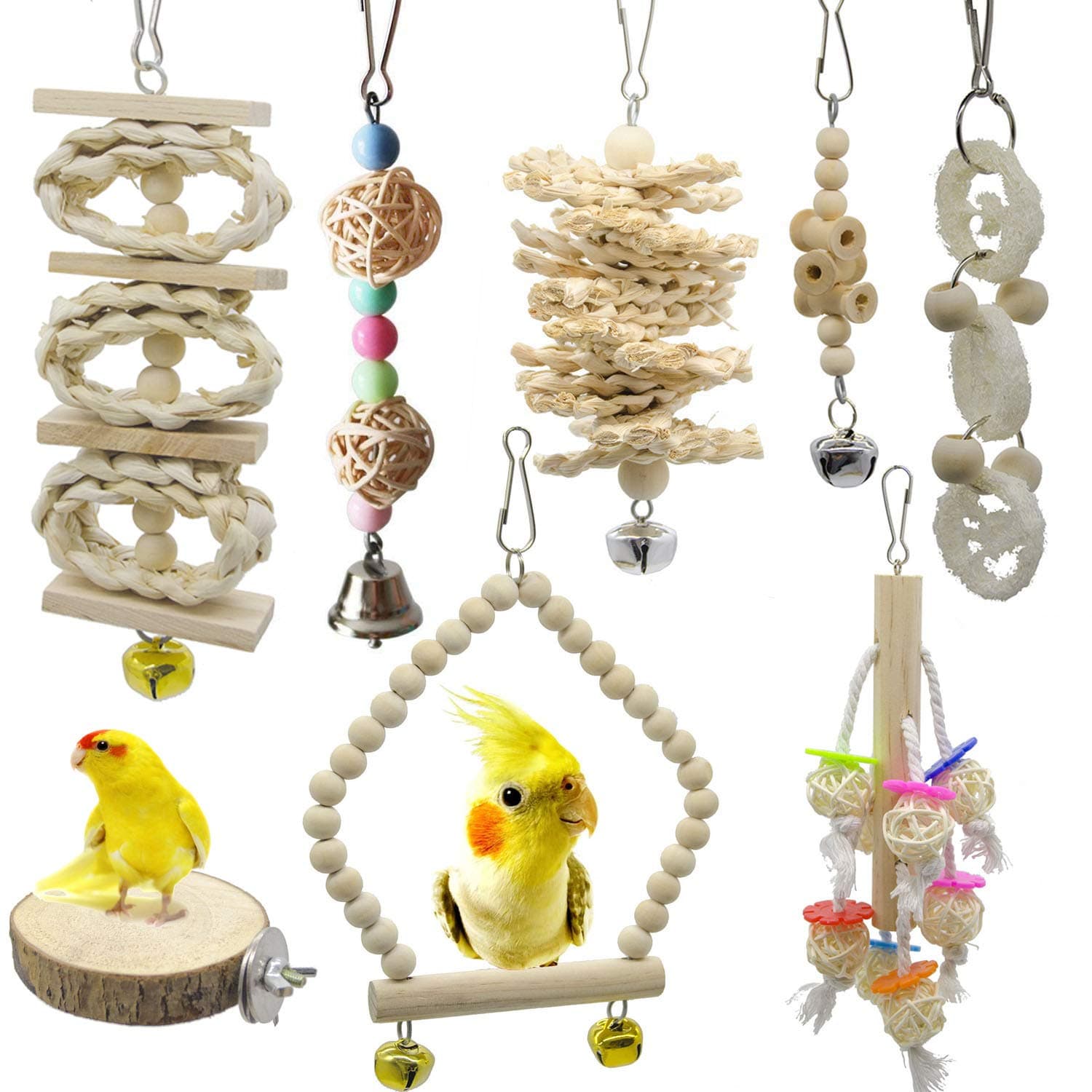 8 Packs Of Bird Parrot Swing Chewing Toys-Natural Wood Bird Climbing Hanging Cage Toys Suitable For Small Parakeets, Cockatiels, Conures, Finches,Budgie,Macaws, Parrots, Love Birds