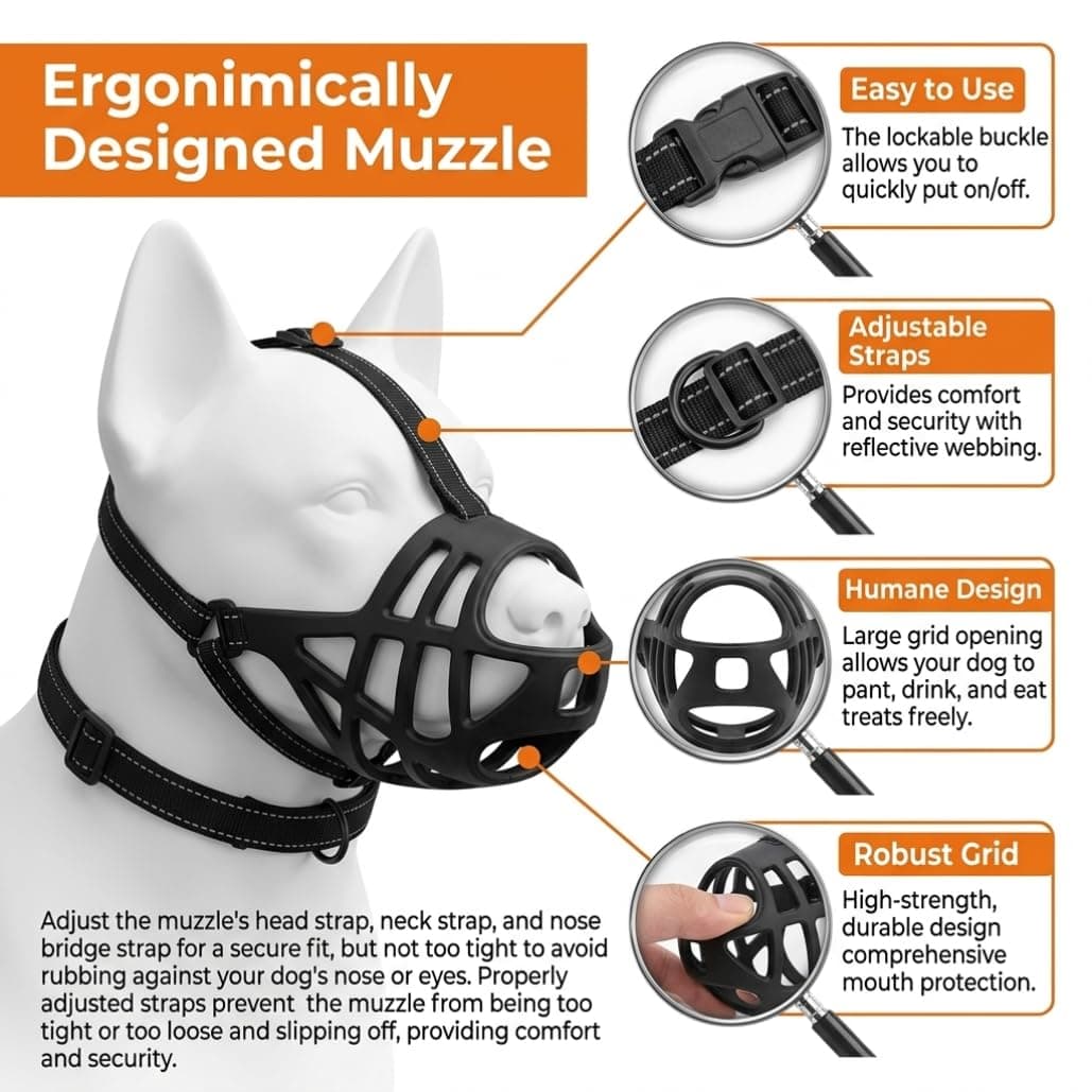 Breathable Basket Dog Muzzle For Large Breeds  Adjustable Mask With Reflective Straps  Allows Drinking & Treat Feeding  Perfect For German Shepherd, Husky, Labrador