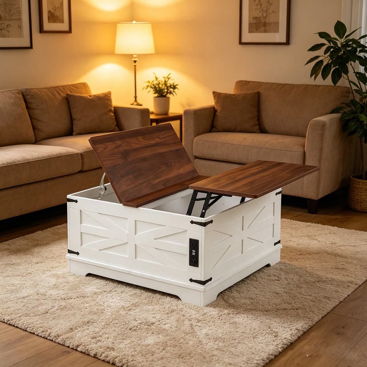 31.5IN Lift Top Coffee Table With Charging Station - Square Farmhouse Wood Coffee Table With Hidden Storage Compartment & Power Outlets, Central USB Ports For Living Room