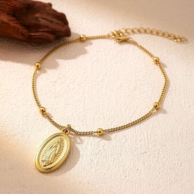 Stainless Steel Side-clasped Beaded Chain Paired With Religious Accessory Pendant Bracelet