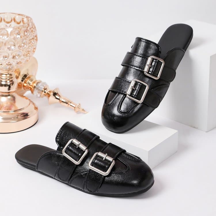 Soft Leather Version Closed Toe Mules Women Outdoor Wear, British Style Soft Leather Square Toe Belt Buckle Easy Slip On Flat Mules