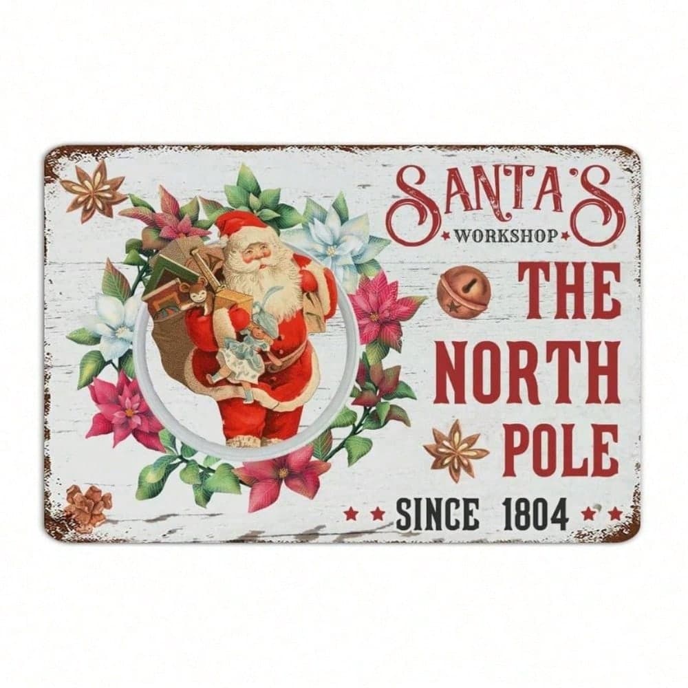 Vintage Santa's Workshop Christmas Wreath Metal Wall Sign, Inch, For Home Bar-20X30cm