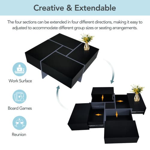 Unique Design Coffee Table With 4 Hidden Storage Compartments, Square Cocktail Table With Extendable Sliding Tabletop, UV High-gloss Design Center Table For Living Room