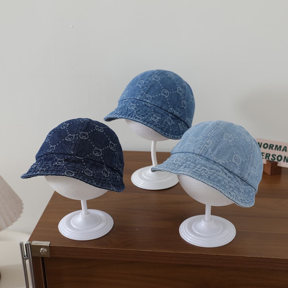 Retro Washed Denim Children's Baseball Cap With Full Pattern Of Little Bear Diamond Jacquard Soft Brim Fisherman Hat