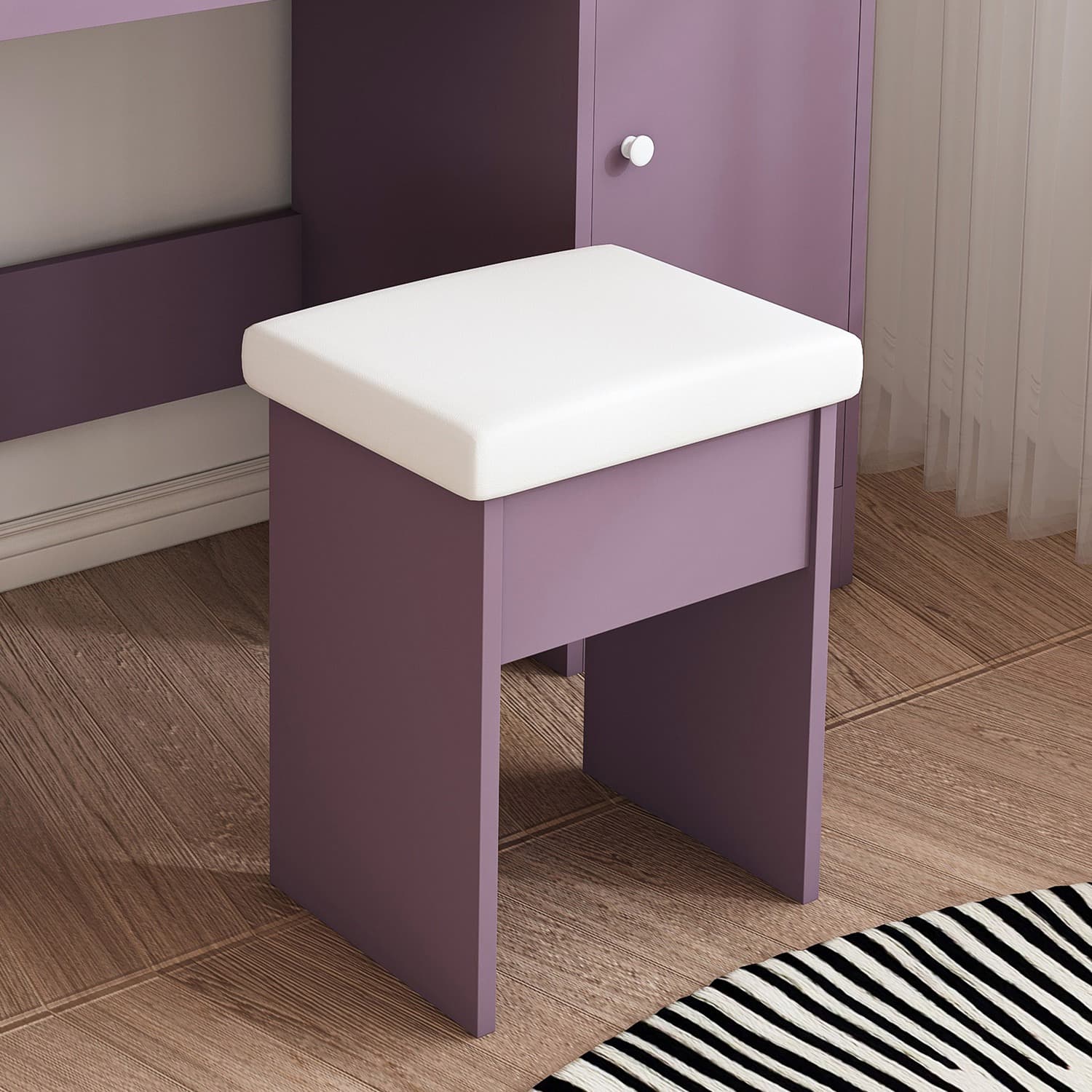 Purple Vanity Desk Set With Lighted Mirror & Padded Stool, Modern Makeup Vanity With 3 Color Modes For Bedroom Dressing Table Combo OLFC0025