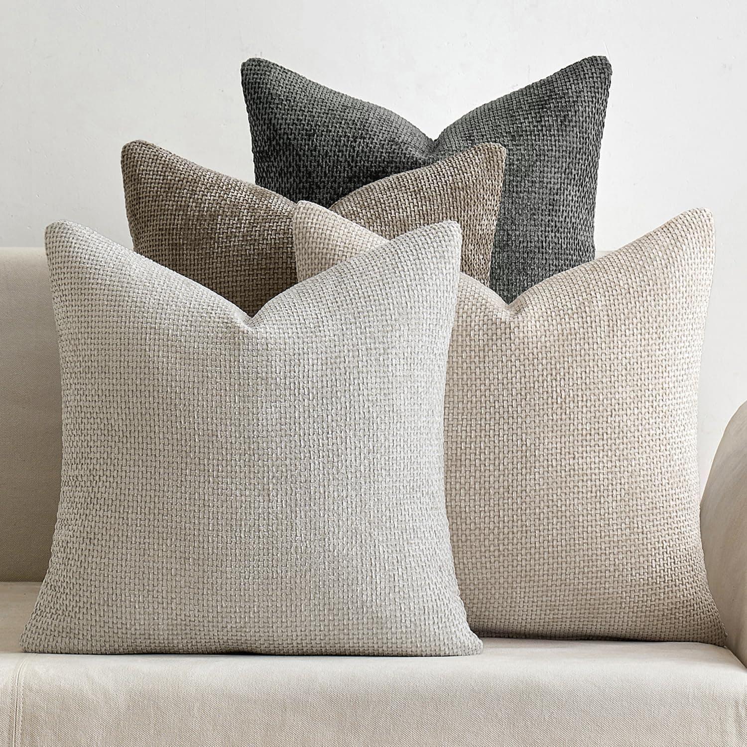 Chenille Pillow Covers 4 PCS, Soft Decorative 18x18 Inch Neutral Cushion Cases For Sofa, Couch, Bed And Home Decor