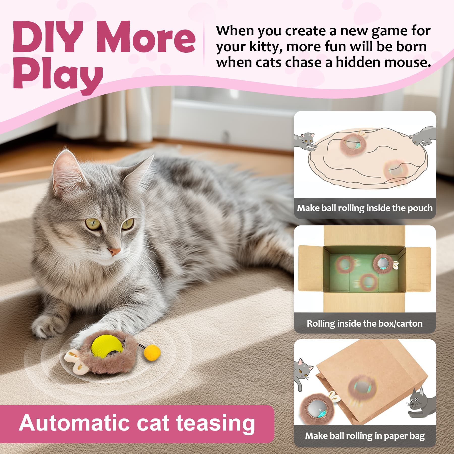 Interactive Toys Ball For Cats, Dog,Agile Moving Cat Ball ,Motion Activated Automatic Moving Ball With Lights,with Fluffy Tail And Bunny Ears For Indoor Pets