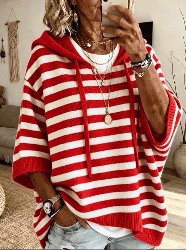 Women's Striped Hooded Knit Pullover - Loose Plus Size 3-4 Sleeve Drawstring Casual Outer Top