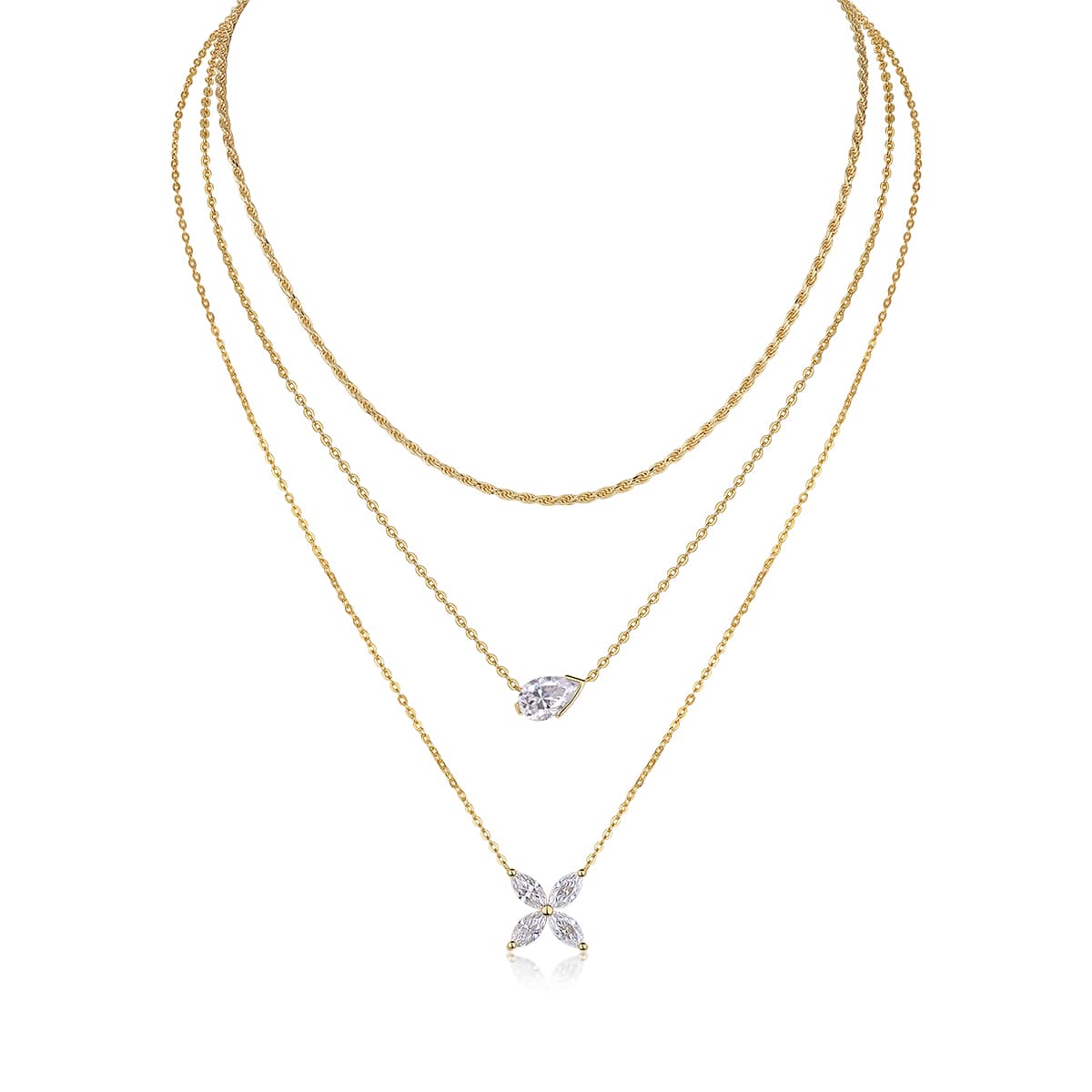 S925 Sterling Silver 7x11mm Pear Moissanite 3-Layer Necklace 40cm 10.8g Gold Plated GRA Certified Gift Box