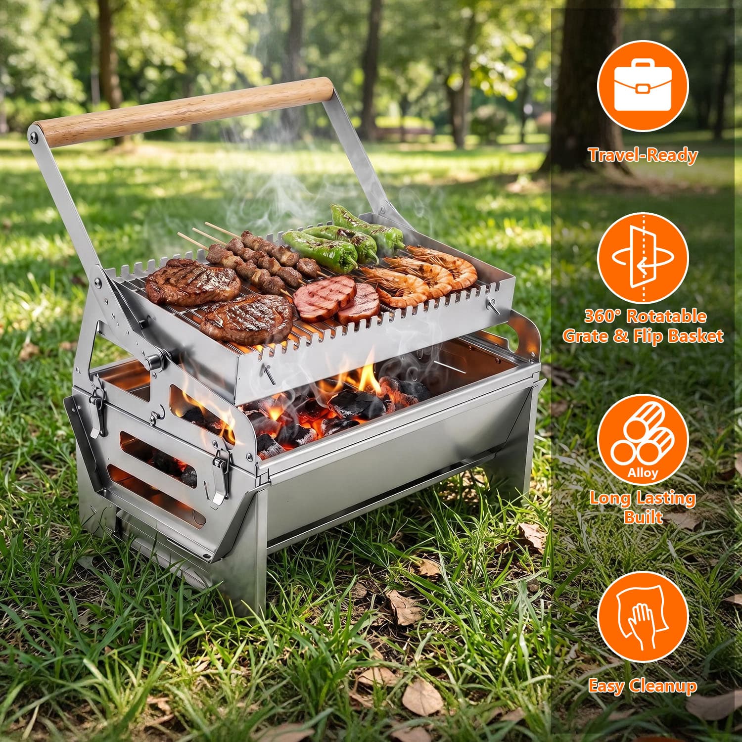 1Pc Portable Foldable BBQ Grill 360 Degree  Rotatable Grate Flip Basket Detachable Smoker Dual Grilling Modes Alloy Outdoor Charcoal Grill For Camping Tailgating Picnic Tool-Free Disassemb