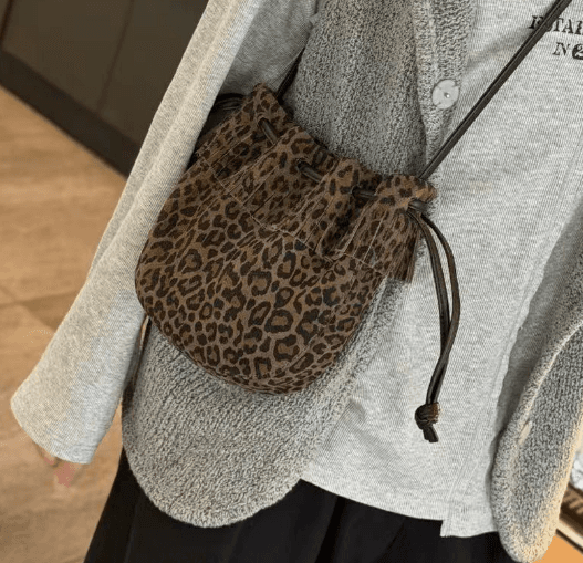 Tassel Bucket Bag, Genuine Leather Single Shoulder Diagonal Cross Bag, 2026 New Drawstring Underarm Bag, High-end Women's Commuting Small Bag - Leopard Print Coffee