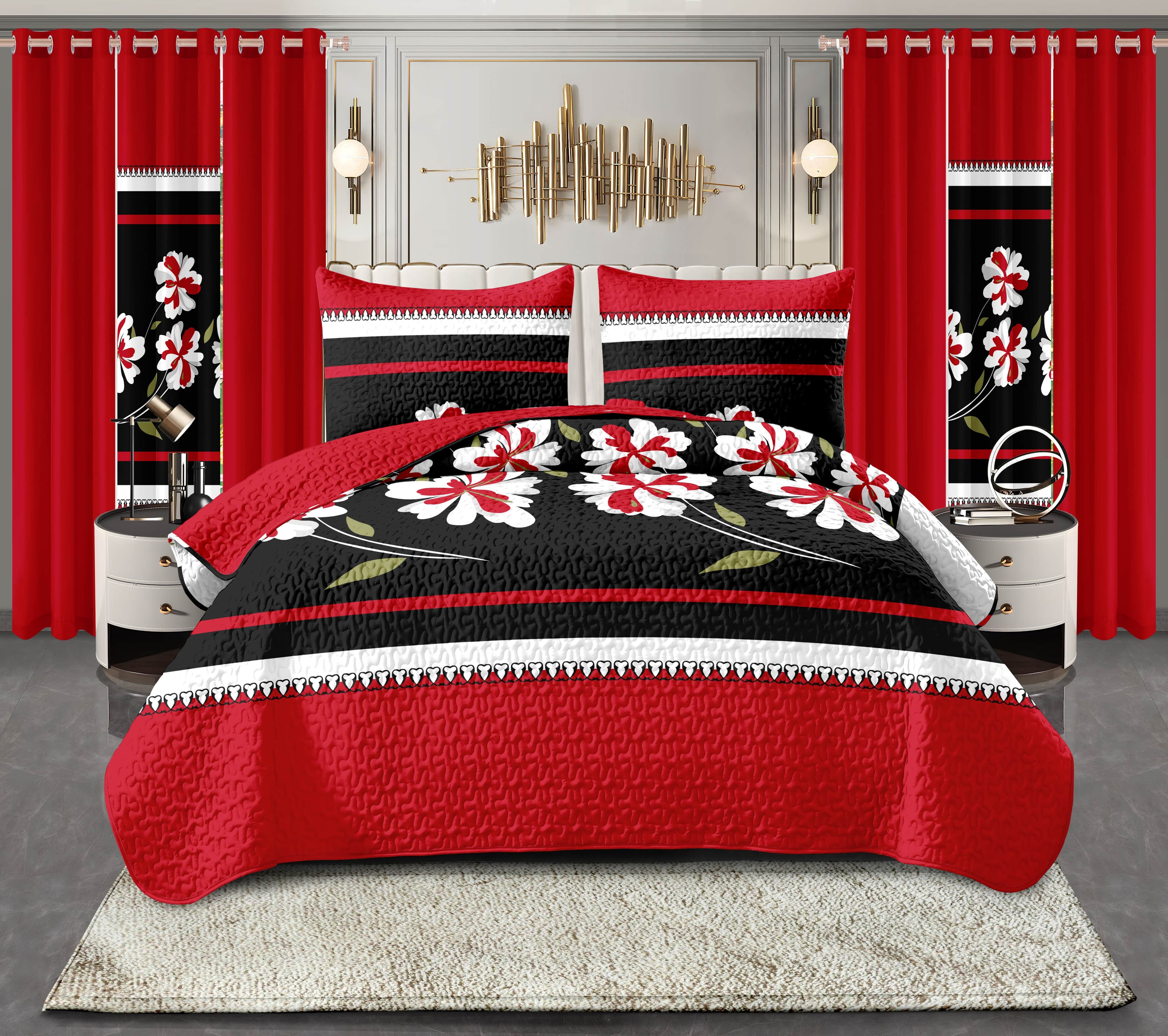 9-Piece Black Red Floral Bedspread Set With Curtains, Quilted Microfiber Bedding Set For Twin XL, King And Cal King