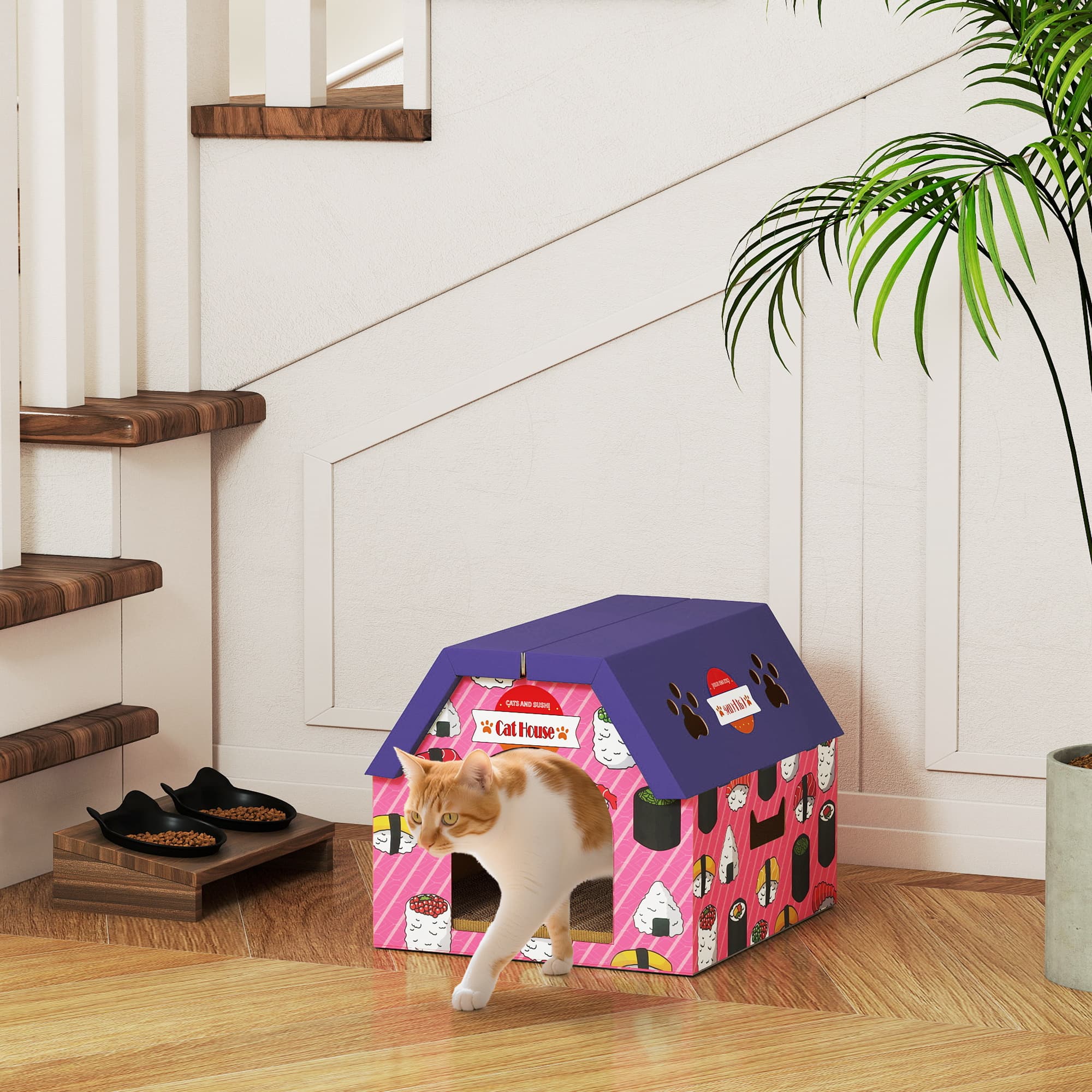 2 In 1 Gaming Style Cardboard Cat House With Scratching Board & Catnip For Indoor Cats