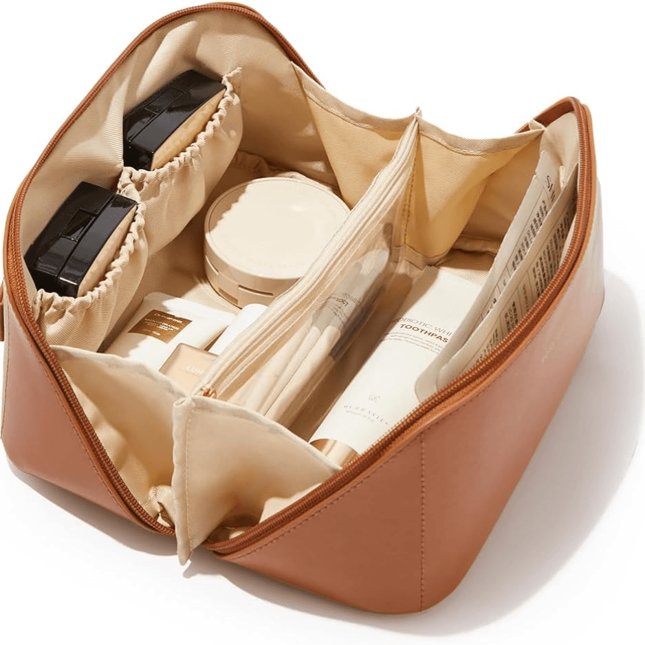 Travel Makeup Bag For Women, PU Leather Cosmetic Bag, Brown, Medium Water-resistant PU Leather Exterior With Flat-open Access, Clear TPU Brush