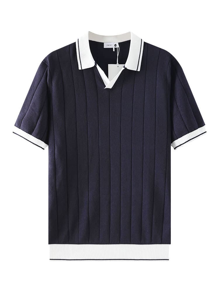 Men's Casual V-Neck Color-block Quick-Dry Paul T-Shirt, Seagull Collar Ice Silk Knit Polo Shirt