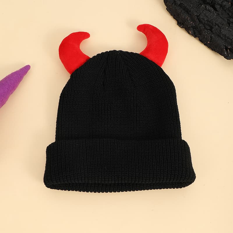 European And American Cross-border Hip-hop Little Devil Beanie With Horn Shape, Knitted, Suitable For All Occasions, Trendy And Funny, Without A Brim