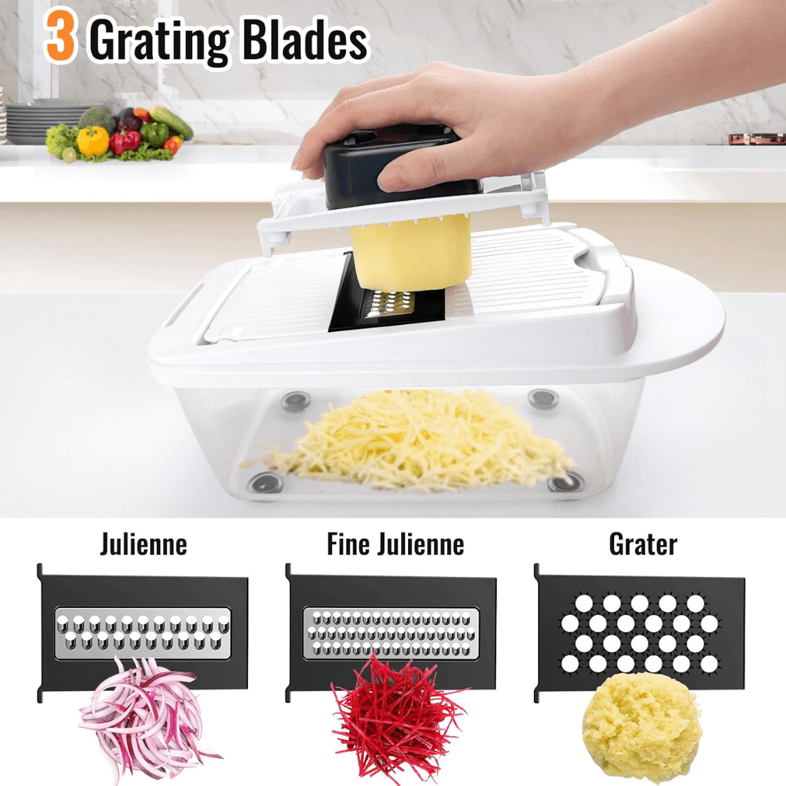 8-Blade Kitchen Chopper, Slicer & Grater Tool Set, Multi-Function Food Prep Gadget, White