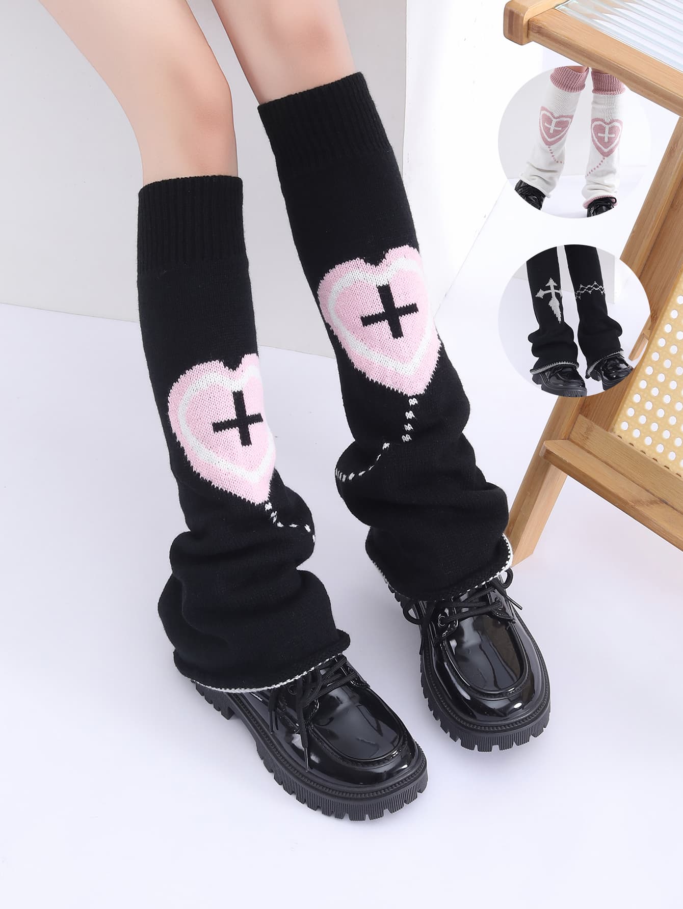 Y2K Goth Cool Girl JK Knitted Cross Love Sock Cover Japanese Style Sweet Winter Mid-calf Geometric Jacquard Stacked Slouch Socks