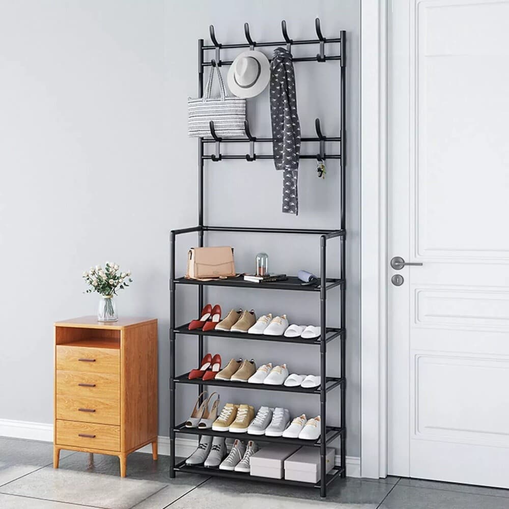 New Coat And Hat Stand 8 Hooks Metal Shoe Rack 5 Tiers Shelf Hanger Black