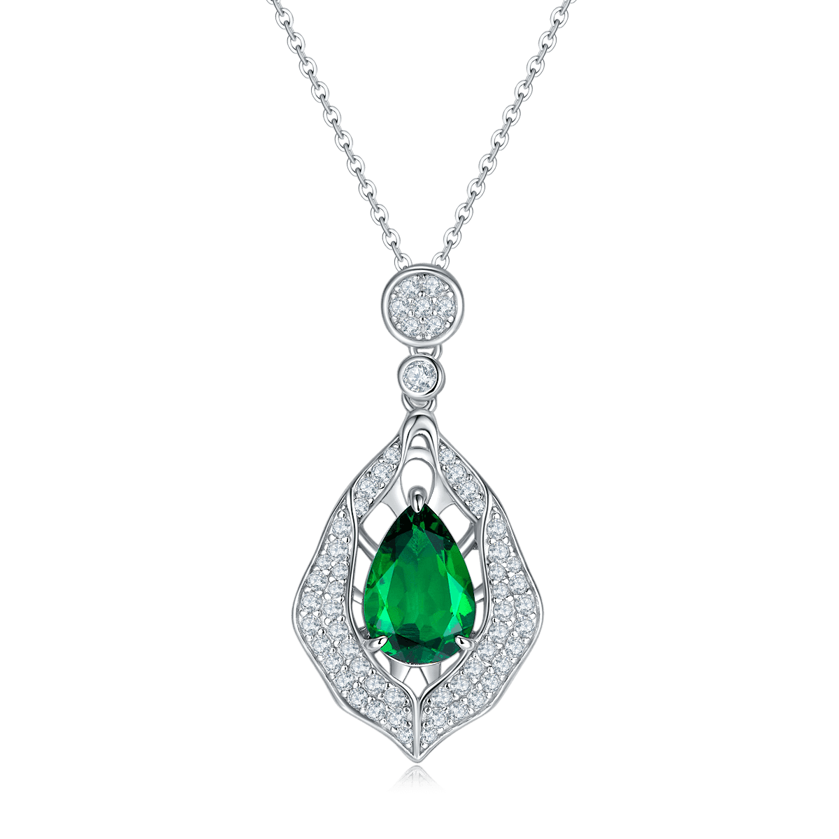 S925 Silver 5.4g Platinum Plated 4ct Lab-Created Emerald Necklace, 12x8mm Teardrop Pendant, 40&5cm