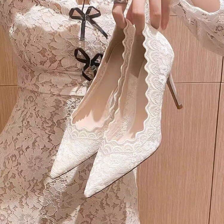 Women Pointed Toe Lace Stiletto Heel Wedding Pumps
