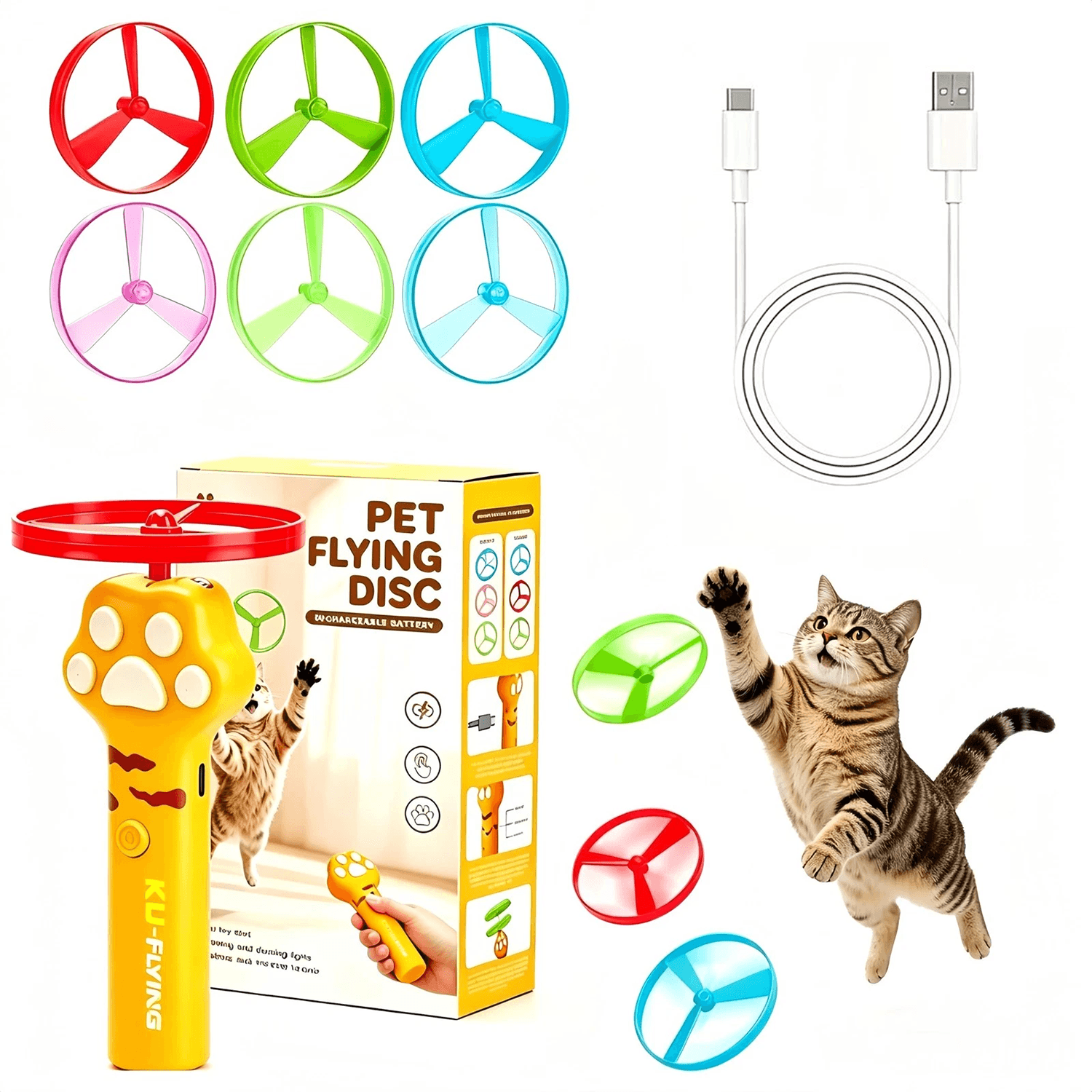 Pet Flying Disc Cat Disc Launcher USB Rechargeable Interactive Cat Fetch Launcher With 10 Flying Pet Toys Pet Chase Toys