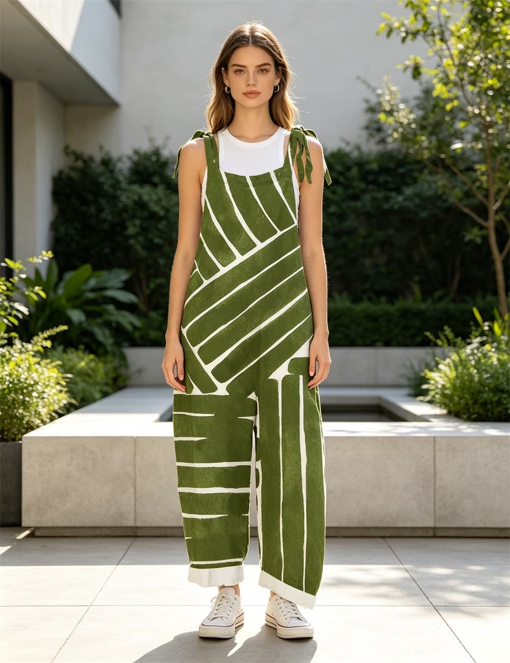Women Green Abstract Geometric Print Tie Strap Overalls, Loose Wide Leg Rolled Cuff Casual Jumpsuit With Pockets