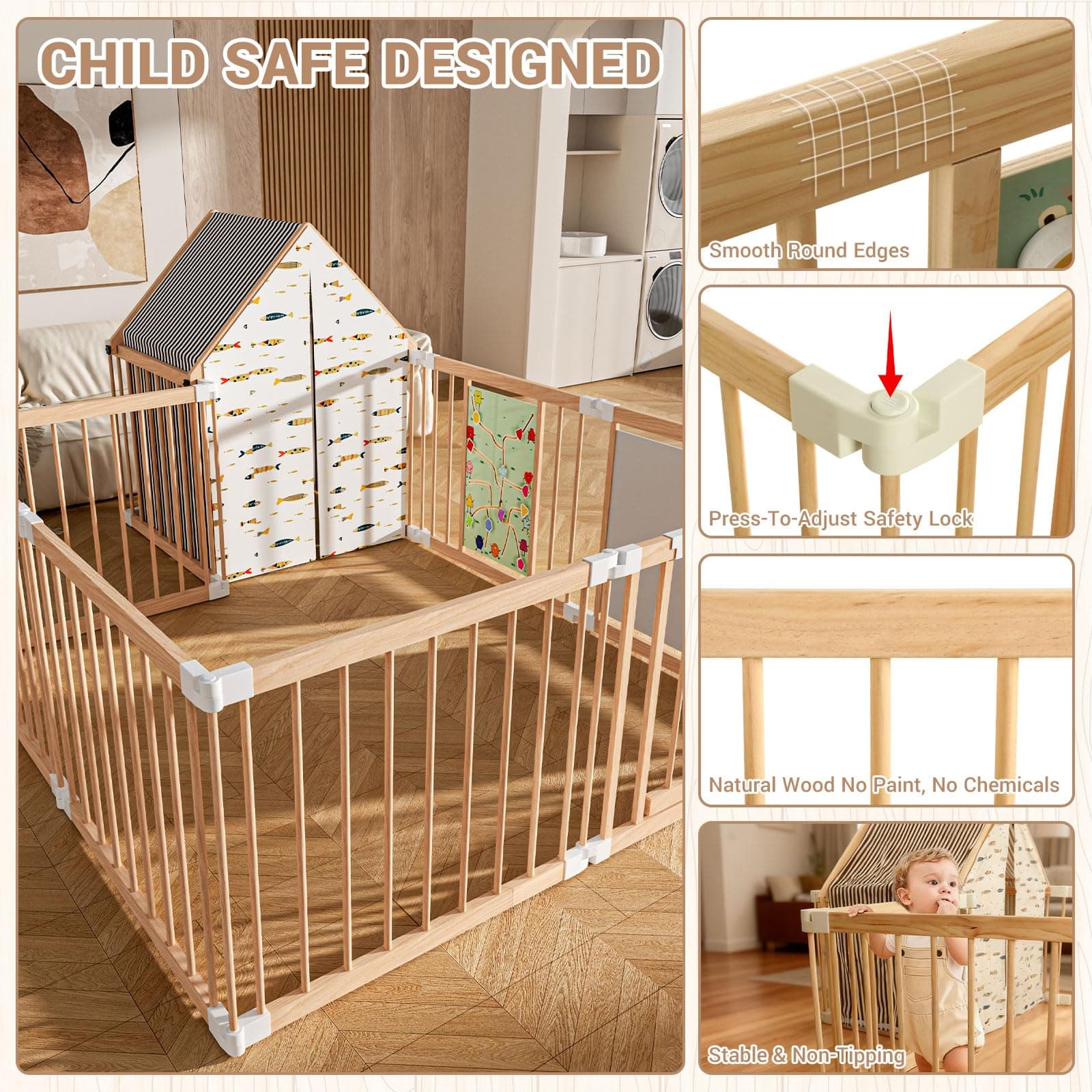 Natural Wood Baby Playpen 69inx102in