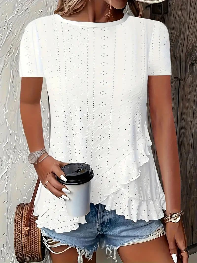 2026 European And American Amazon Summer New Women's Fashion Plus-Size Asymmetrical Ruffled Hem Short-Sleeve Top