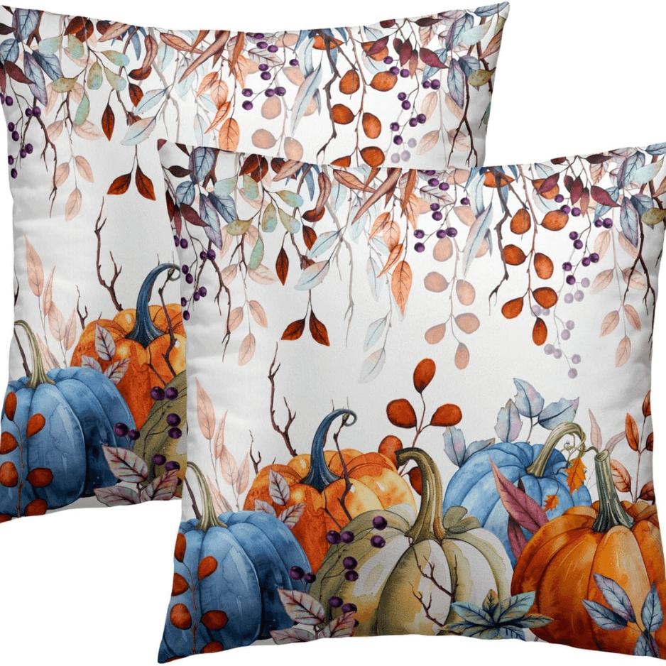 Orange And Blue Autumn Pumpkins Throw Pillow Covers 18X18 Inches Set Of 2 Fall Maple Leaves Pillowcase Soft Cotton Square Thankgiving Cushion