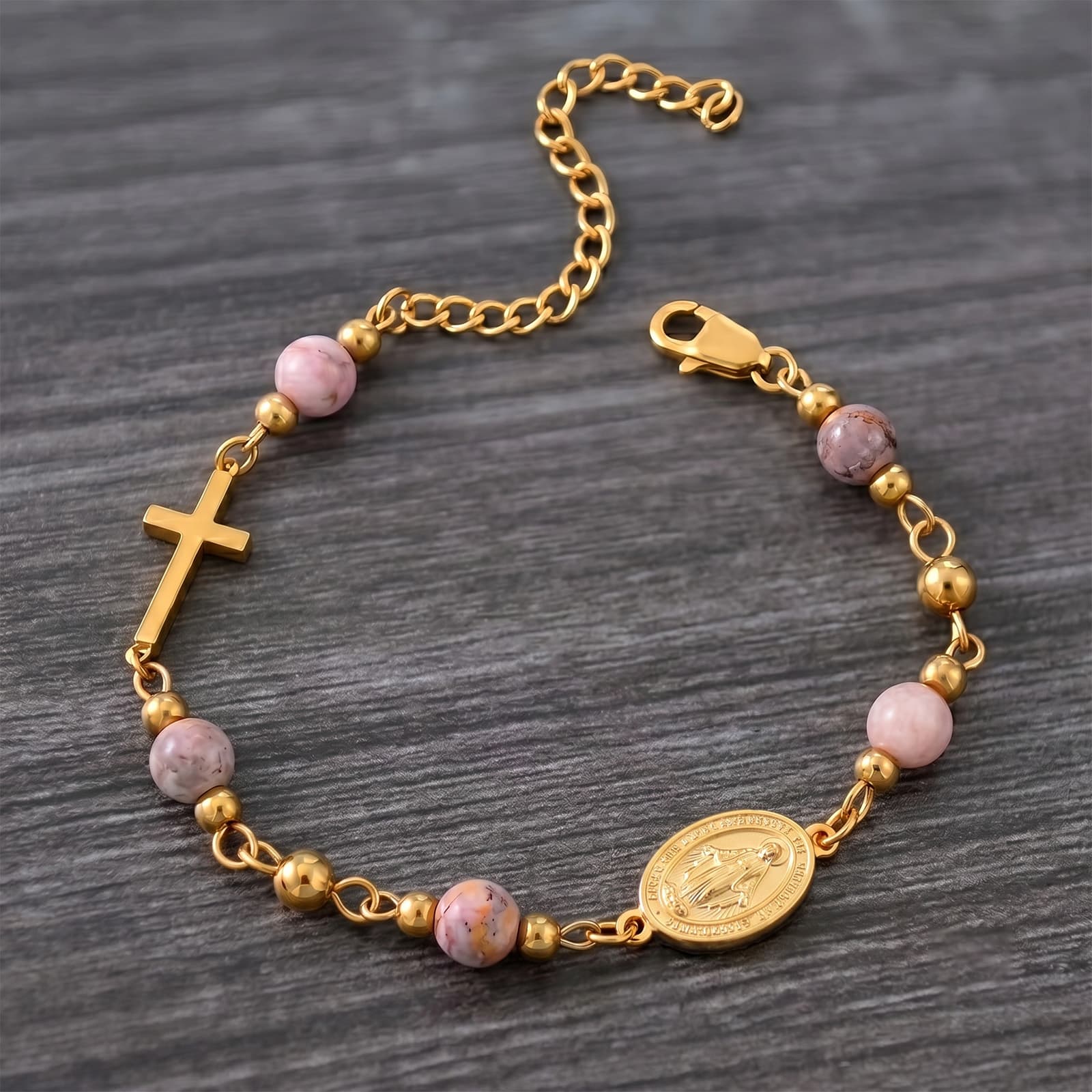 18K Gold Plated Stainless Steel Chain Bracelet For Women Natural Stone Beads Virgin Mary Miracle Medal Cross Bracelets Religious Catholic Jewelry Link Chain Gift