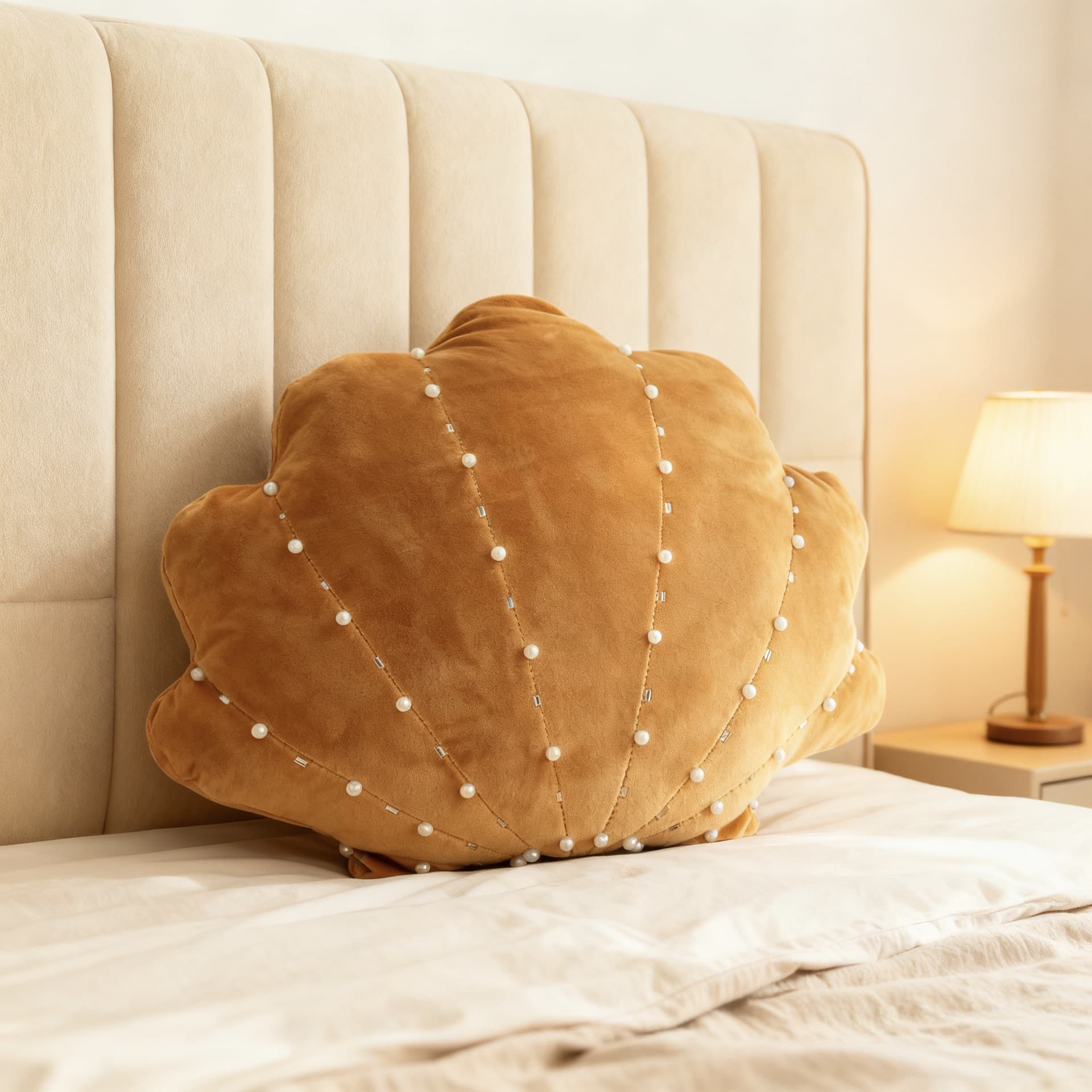 Pearl Shell Shaped Throw Pillow  Velvet Novelty Cushion For Sofa Bedroom Home Decor