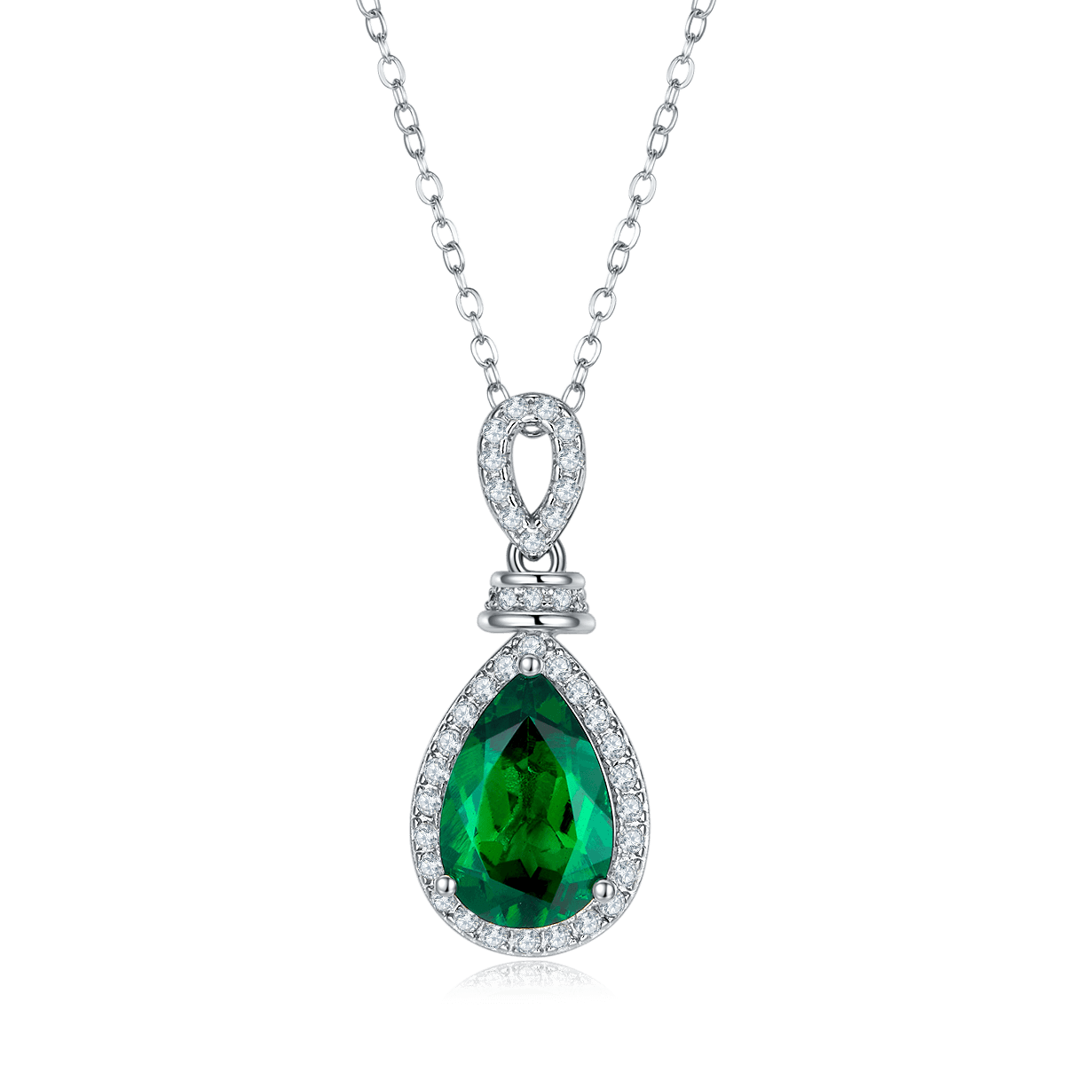 S925 Silver 3.3g Platinum Plated 4ct Lab-Created Emerald Necklace, 12x8mm Halo Pendant, 40&5cm