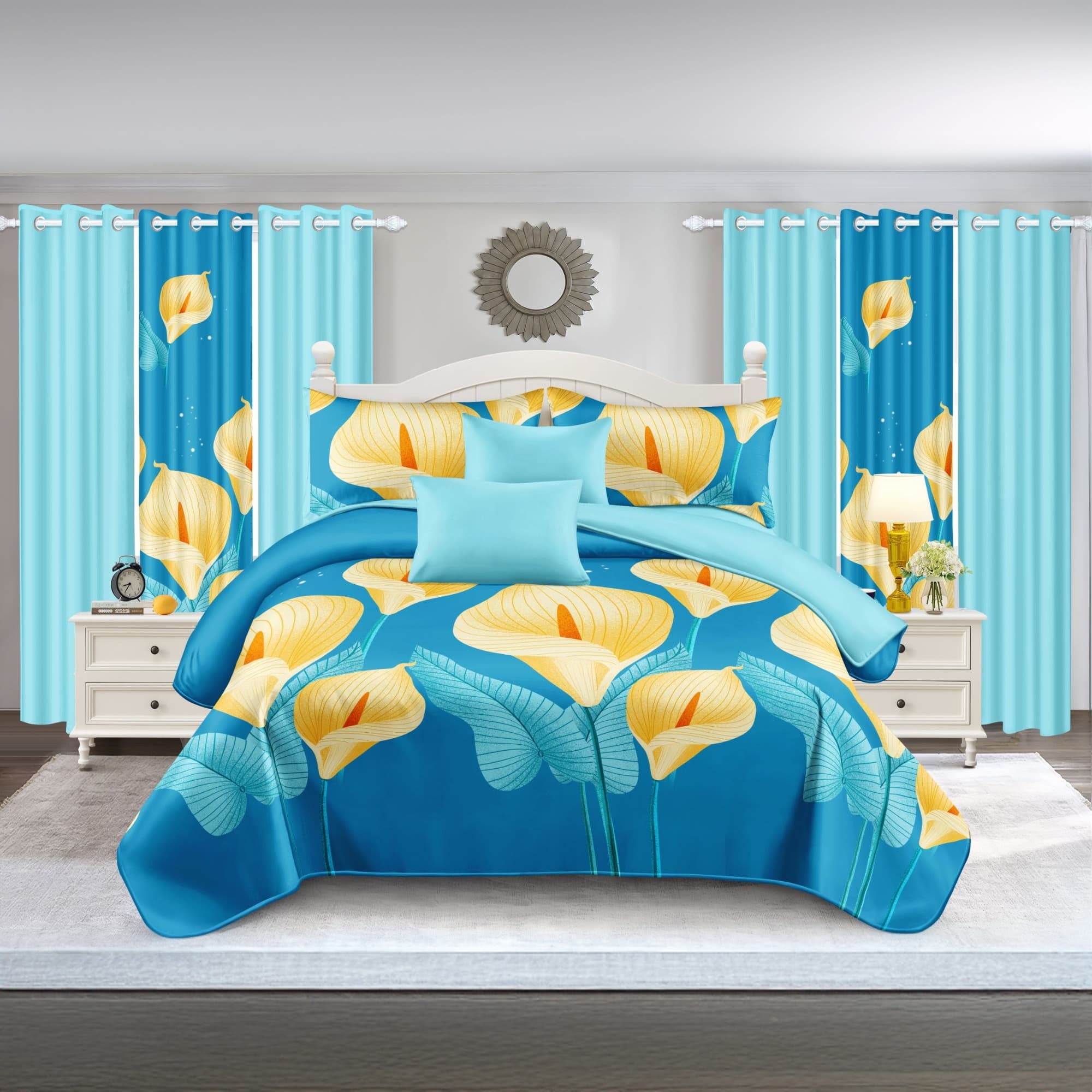 9-Piece Blue And Yellow Floral Quilted Bedspread Set With 6 Curtains And Pillowcases, Microfiber Bedroom Decor