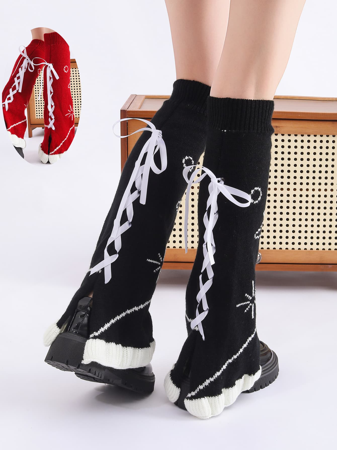 Y2K Goth Lolita Flared Knit Lace Tie Leg Warmers Slouch Socks