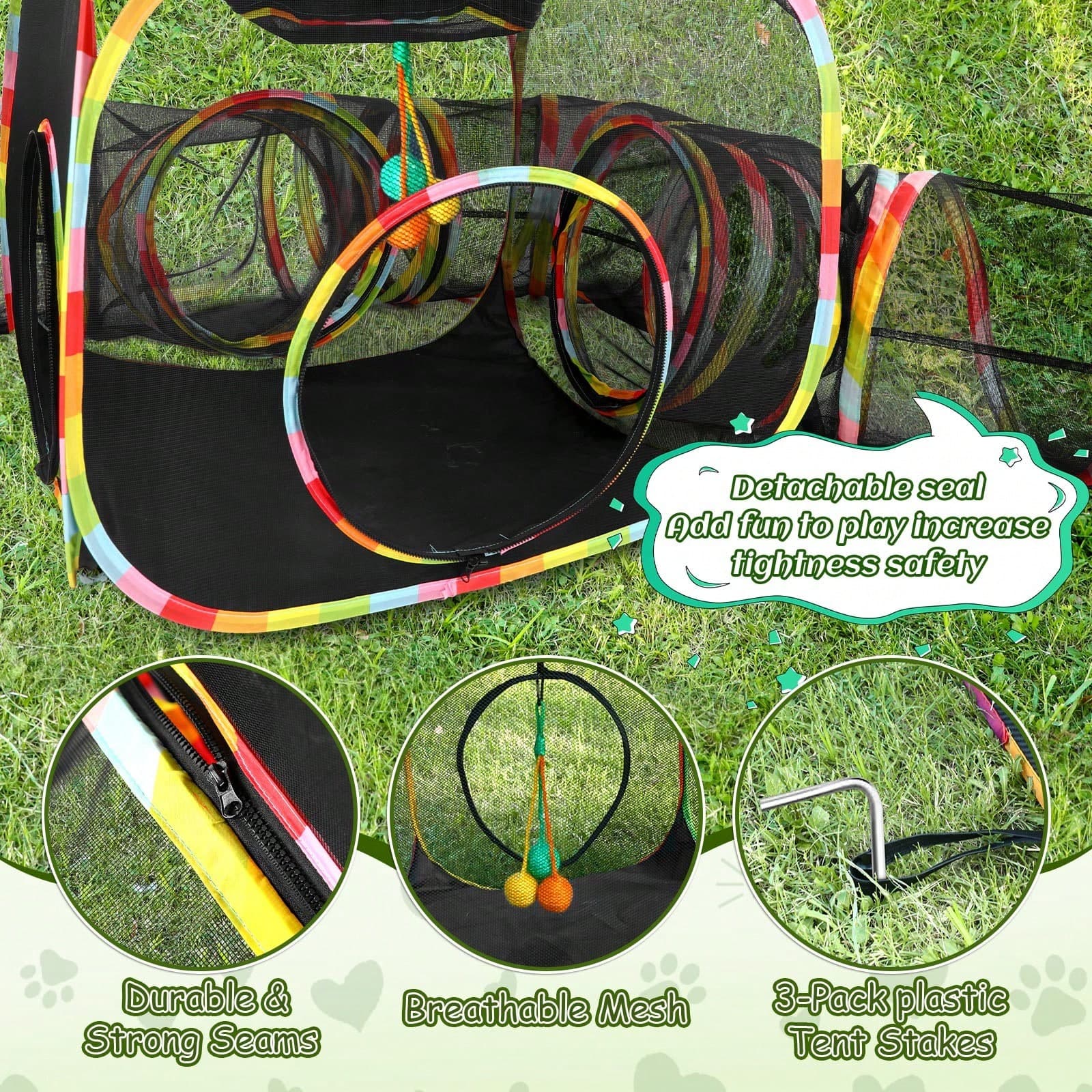 Outdoor Rainbow Cat Enclosure, 5 In 1 Portable Cat Tents For Outside Cage Free Outside Pet Enclosure Cat Tunnel Outdoor Playground For Indoor Cats And Small Animals