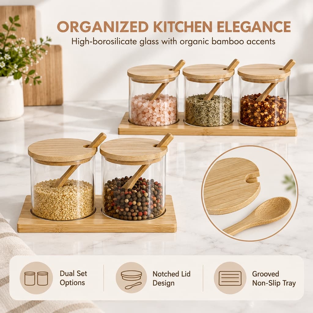 Glass Spice Jars With Bamboo Lids, 2 Pack Seasoning Containers, Spoons And Tray, 300ml