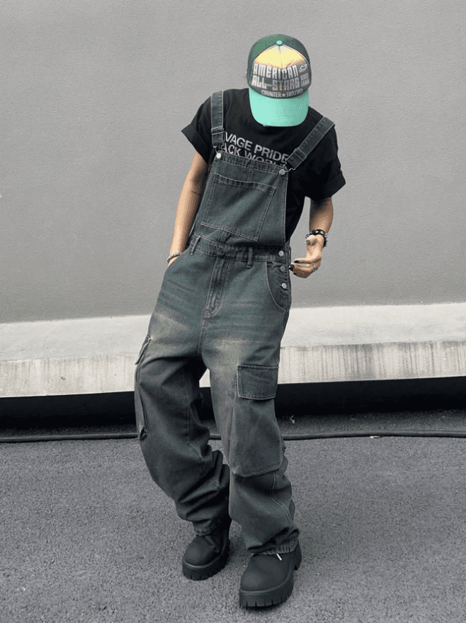 Mens Vintage Denim Bib Overalls Faded Wash Wide Leg Baggy Streetwear Dungarees US Warehouse Ready Stock
