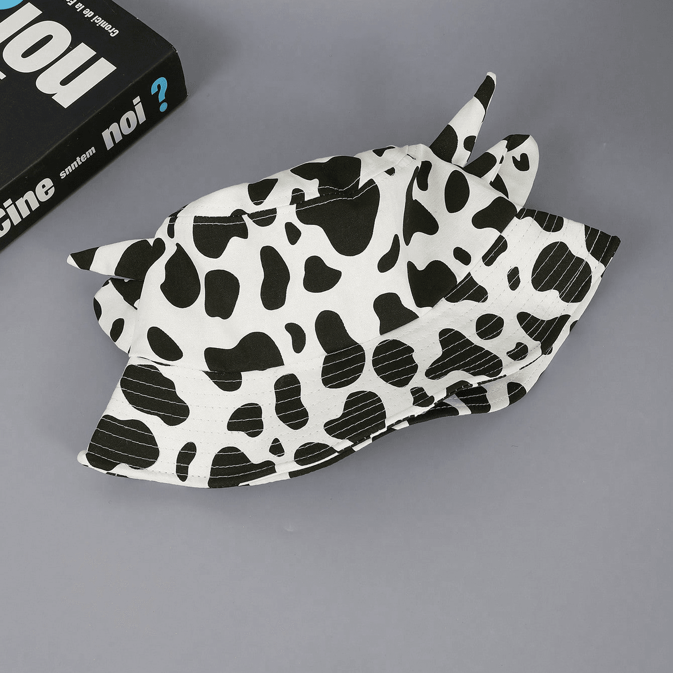 Cross-border Fashion Fun Horned-eared Cow-pattern Fisherman Hat With Foldable Design, Suitable For Outdoor Activities And Casual Wear. Cute And Adorable