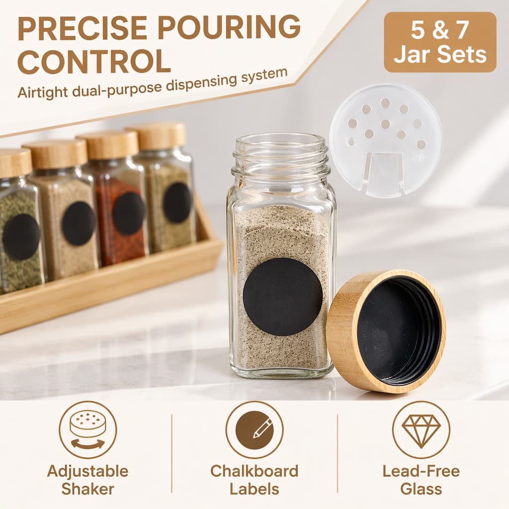 Glass Spice Jars Set Of 5 With Bamboo Lids And Rack, Square Seasoning Containers With Labels