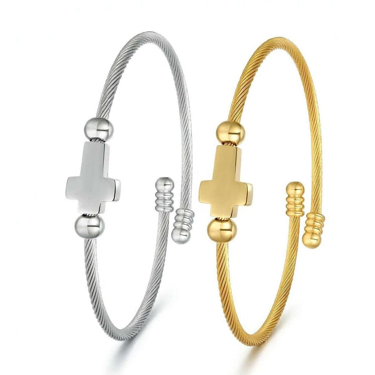 Stainless Steel Wire Beaded Cross Bracelet