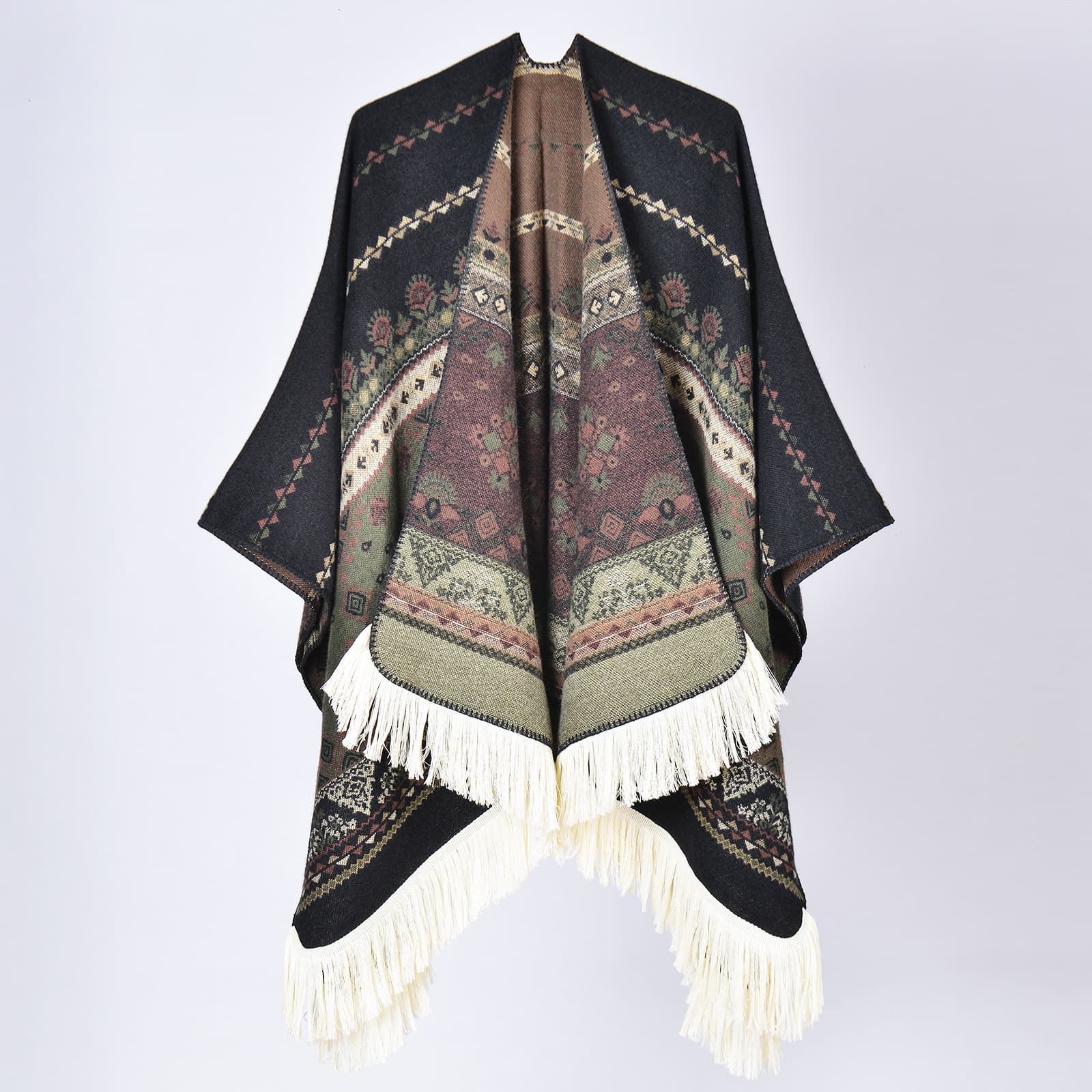 Women's Geometric Travel Photo Poncho, Large Shawl Autumn Winter Outerwear Warm